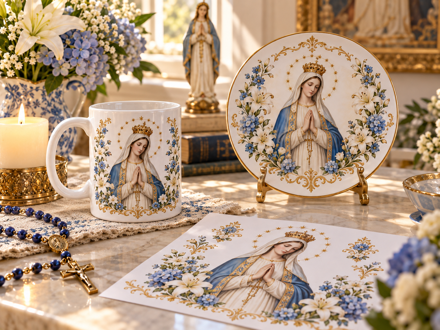 Arte católica impressa ao lado de caneca e prato personalizados finalizados