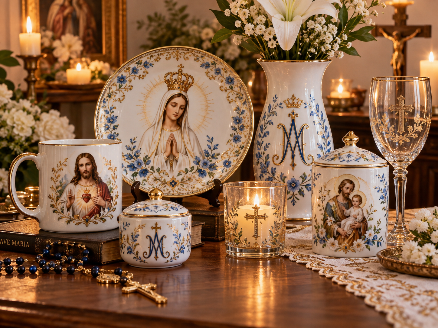 Peças católicas personalizadas com as artes da coleção