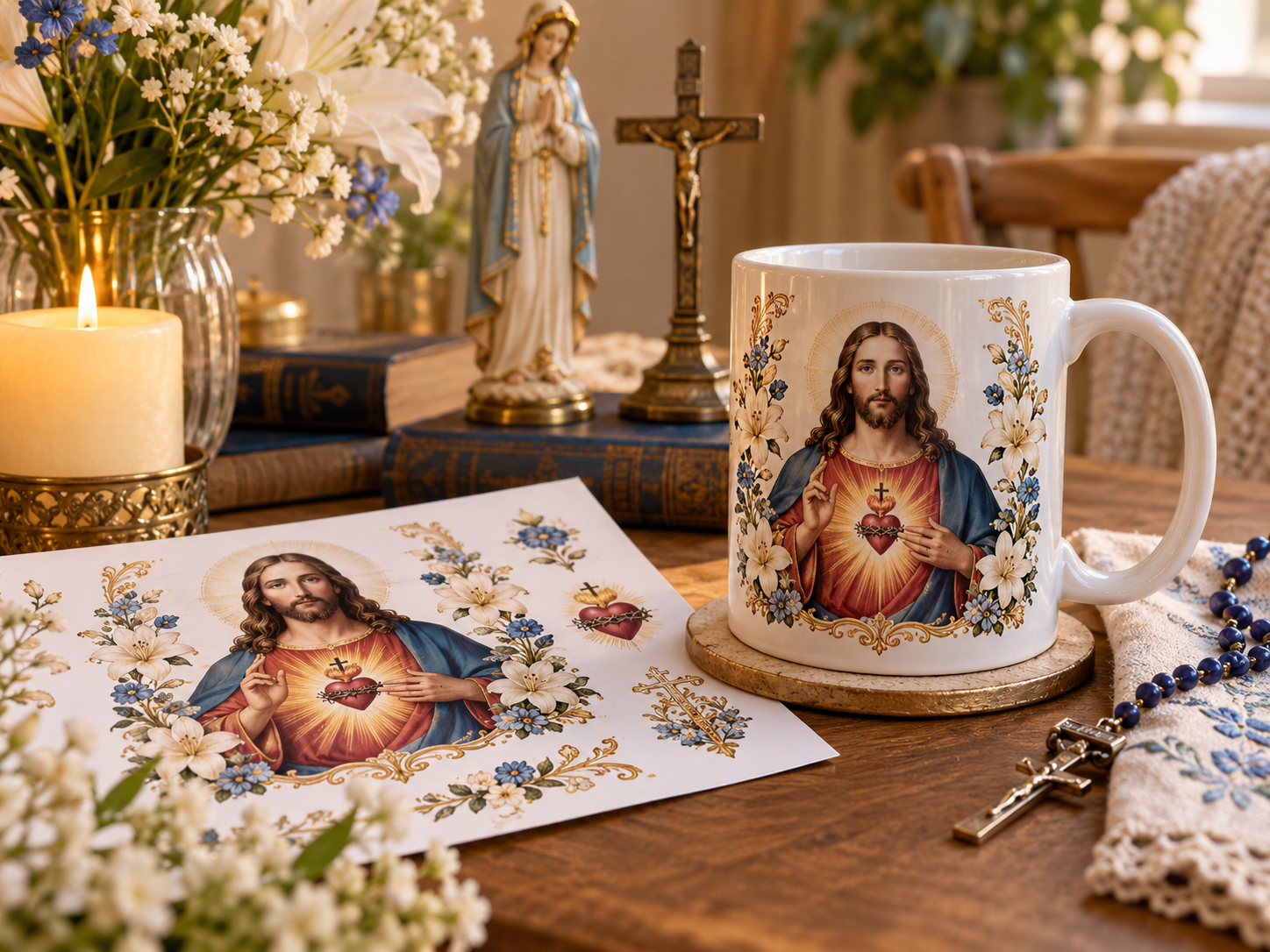 Arte católica impressa ao lado de uma caneca personalizada finalizada
