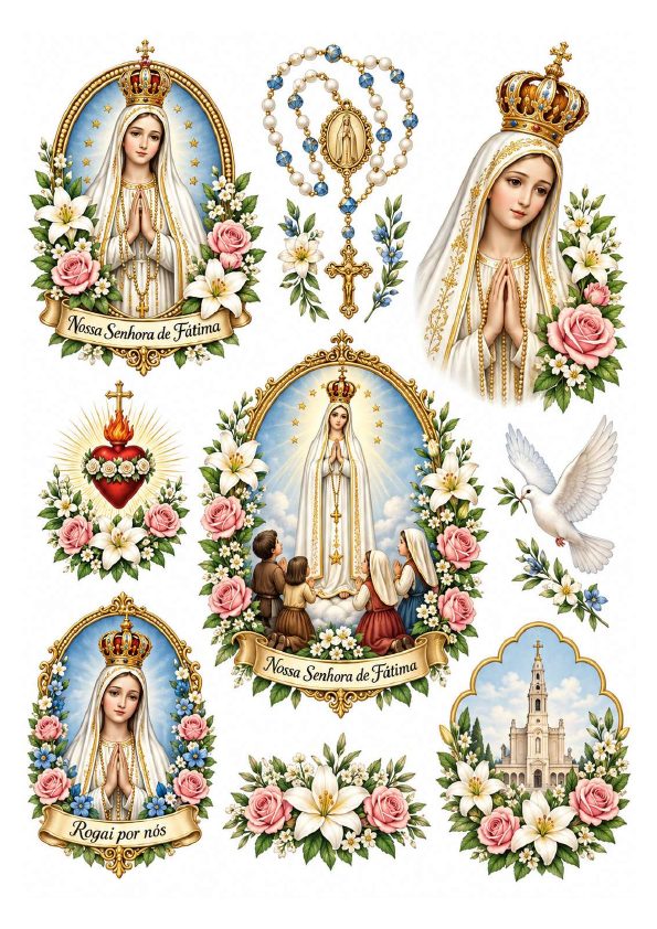 Folha com artes marianas e símbolos católicos