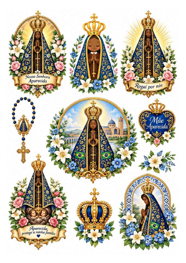 Folha com imagens de Nossa Senhora Aparecida